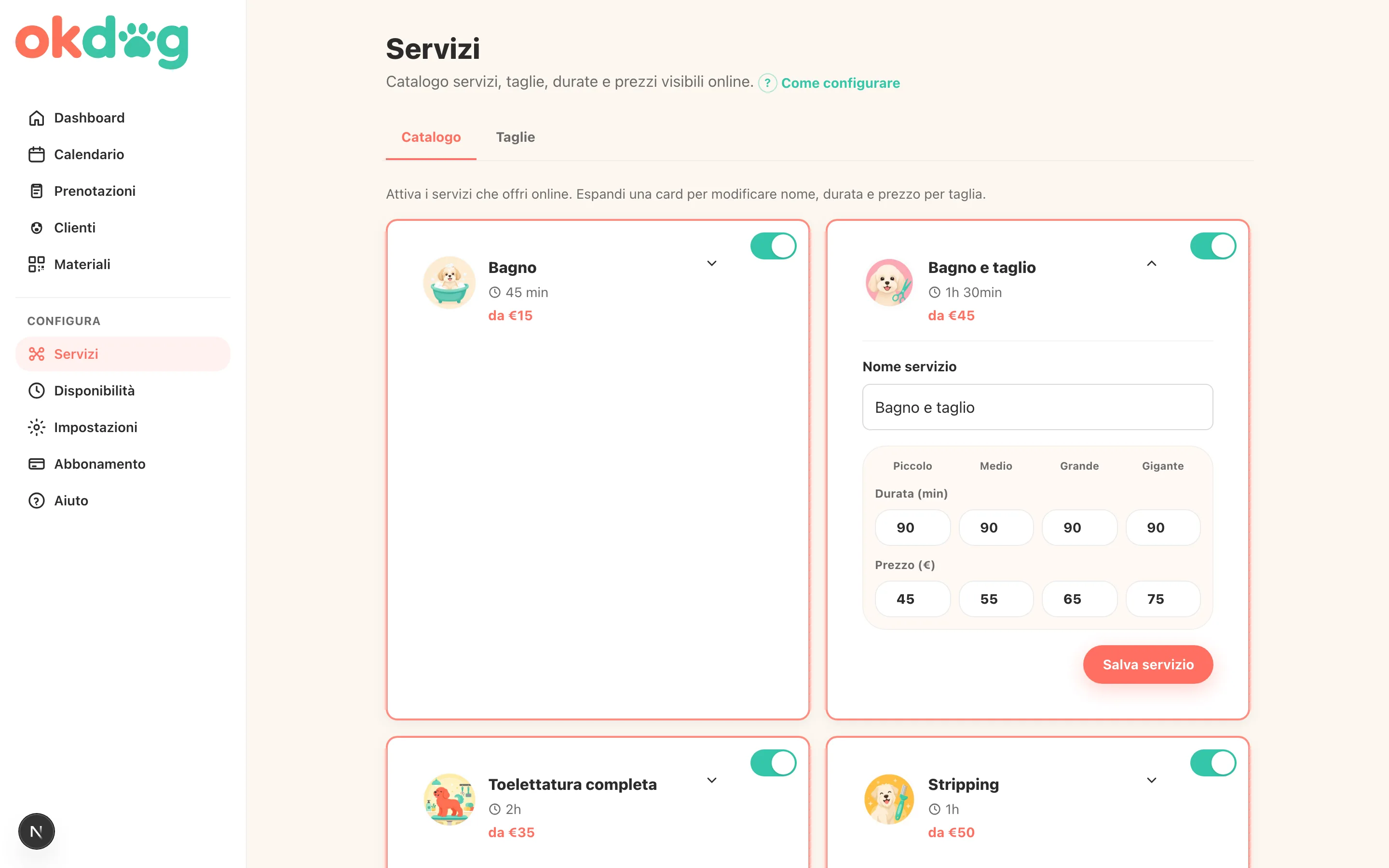 Pannello negoziante: catalogo servizi con durate e prezzi per taglia